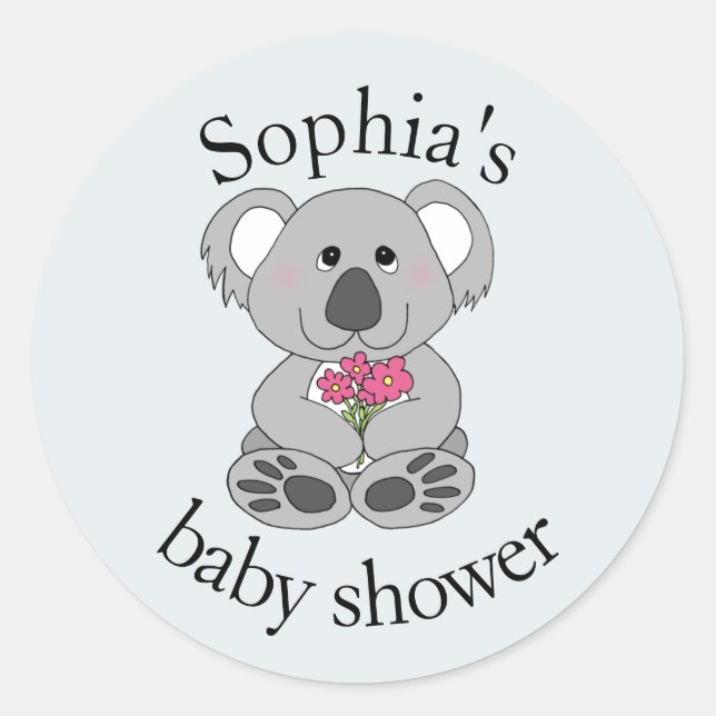 Modern Cute Koala Bear Cartoon Name Baby Shower Classic Round Sticker (Front)