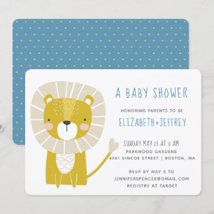 Modern Cute Lion Baby Boy Blue Yellow Invitation