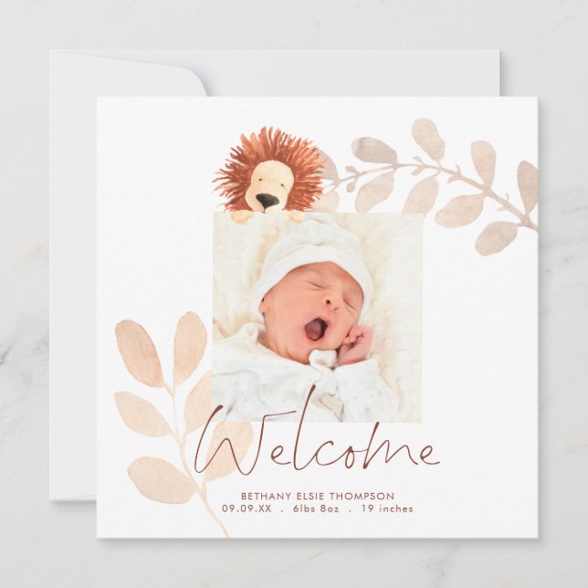 Modern Cute Lion Baby Photo Birth Announcement (Front)