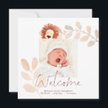 Modern Cute Lion Baby Photo Birth Announcement<br><div class="desc">Cute jungle charm in conemporary square format to announce the news of your baby girl or boy with artsy leaves and a sweet lion peeking over the top of your baby photo, and set informal script for Welcome at the bottom. Simply replace the sample photo with your own of your...</div>