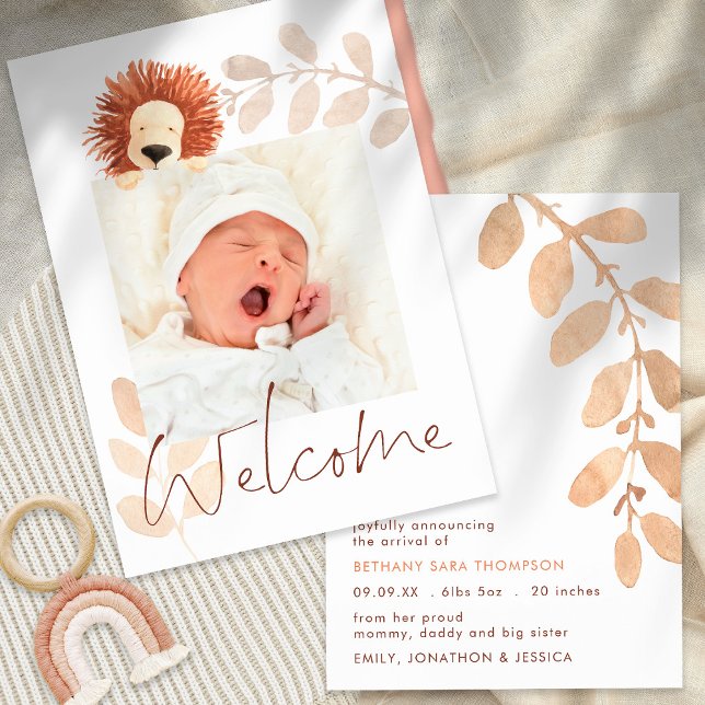 Modern Cute Lion Baby Photo Birth Announcement (Creator Uploaded)