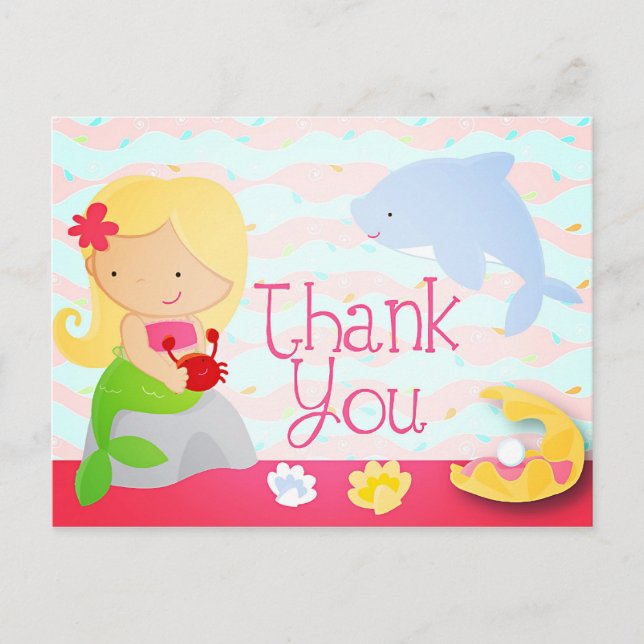 Modern Cute Mermaid Pink Birthday Party Thank You Postcard (Front)