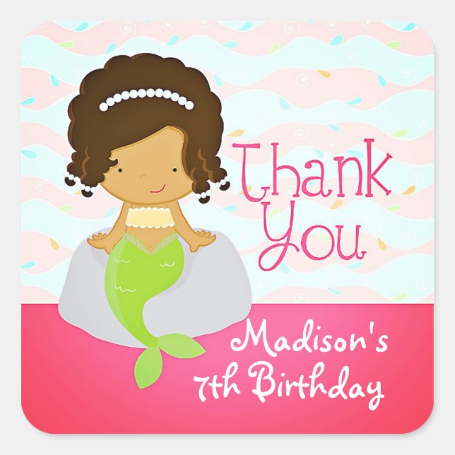 Modern Cute Mermaid Pink Birthday Party Thank You Square Sticker (Front)