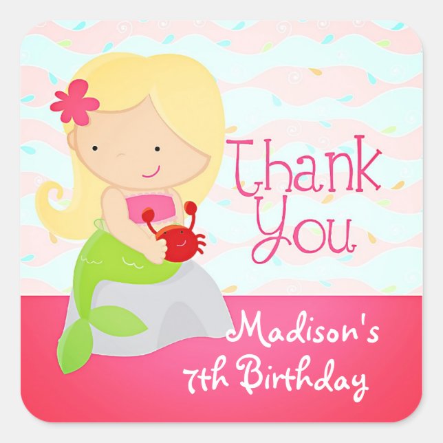 Modern Cute Mermaid Pink Birthday Party Thank You Square Sticker (Front)