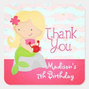 Modern Cute Mermaid Pink Birthday Party Thank You Square Sticker