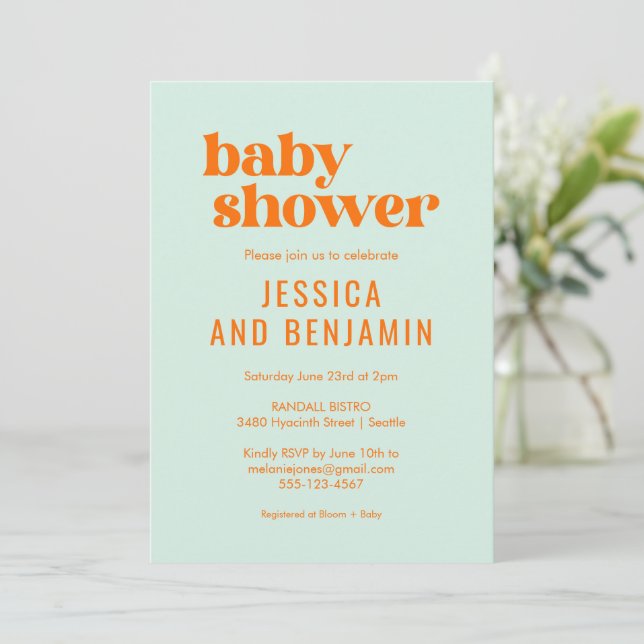 Modern Cute Mint Green Orange Baby Shower Invitation (Standing Front)