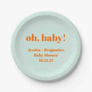 Modern Cute Mint Orange Baby Shower Custom Name Paper Plate