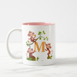 Modern Cute Monkeys and Pink Initial Mug