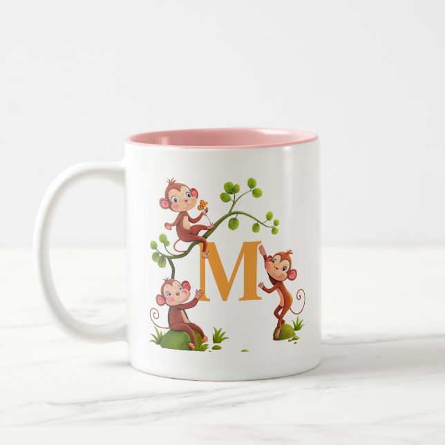 Modern Cute Monkeys and Pink Initial Mug (Left)