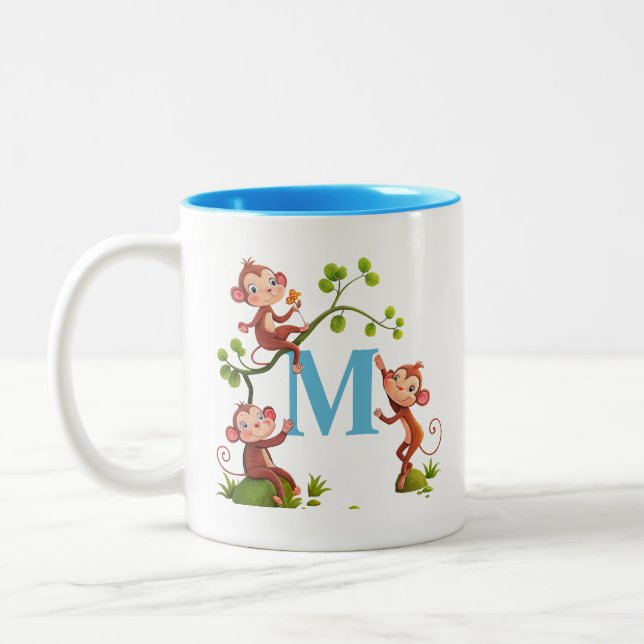 Modern Cute Monkeys and Turquoise Initial Mug (Left)