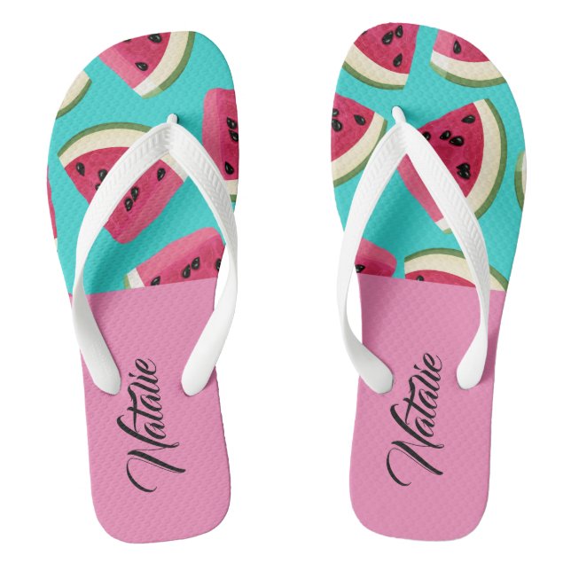 Modern cute monogram l Watermelon Summer blue pink Flip Flops (Footbed)