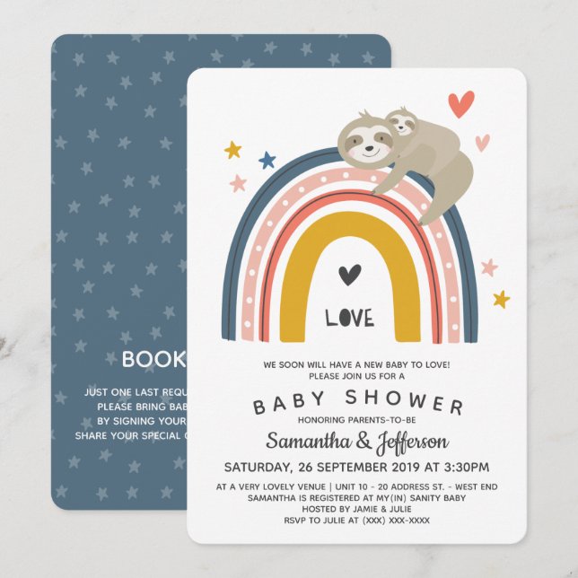Modern Cute Mummy Baby Sloth Rainbow Baby Shower Invitation (Front/Back)
