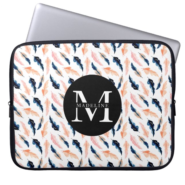 Modern Cute Nature Feathers Monogram Name Initial Laptop Sleeve (Front)