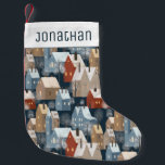 Modern Cute Nordic Whimsical Winter Night Town Small Christmas Stocking<br><div class="desc">Customisable name stocking with the modern nordic pattern of whimsical hand-painted cosy houses and snowy trees in the winter night in blue,  red,  white,  and beige colours.</div>