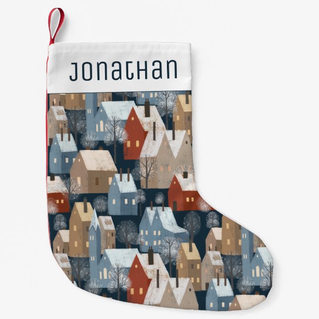 Modern Cute Nordic Whimsical Winter Night Town Small Christmas Stocking (Front)