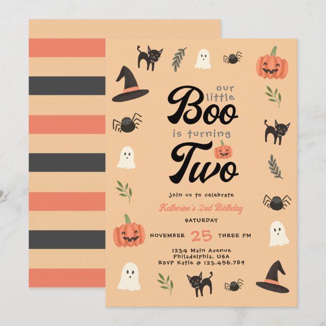Modern Cute Our Little Boo Halloween 2nd Birthday Invitation (Front/Back)
