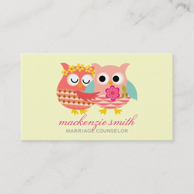 Modern Cute Owls Couple Marriage Counsellor Business Card (Front)