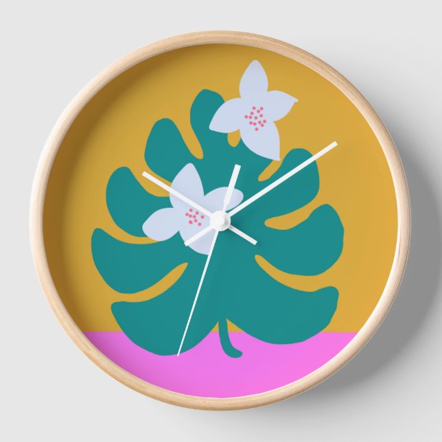 Modern cute palm yellow pink floral clock (Front)
