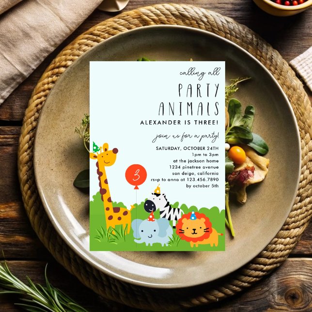Modern Cute Party Animals Safari Kids Birthday Invitation (Creator Uploaded)