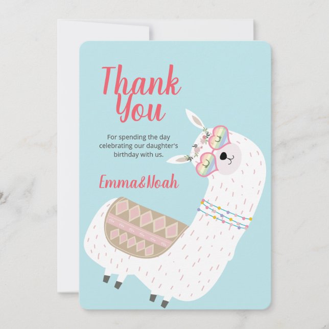 Modern Cute Party Llama Cactus Birthday Thank You Card (Front)