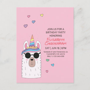 Modern Cute Party Llamacorn Birthday Invitation Postcard