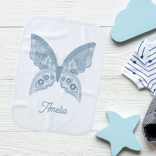 Modern Cute Pastel Blue Folk Art Butterfly Burp Cloth