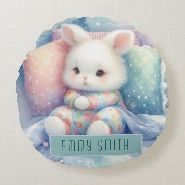 Modern Cute Pastel Bunny Round Cushion (Front)