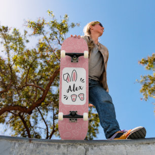 Modern Cute Pastel Pink Rabbit Customisable Name Skateboard