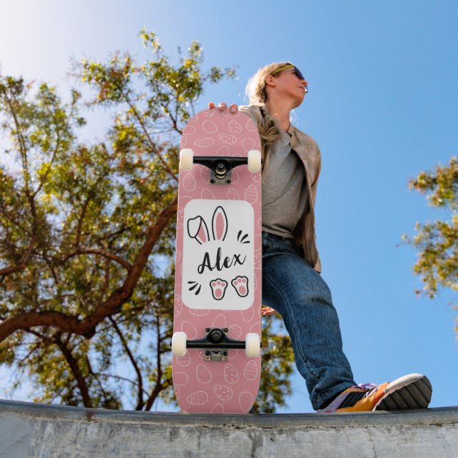 Modern Cute Pastel Pink Rabbit Customisable Name Skateboard (Outdoor 1)