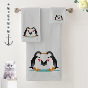 Modern Cute Penguin Couple on Light Grey Bath Towel Set