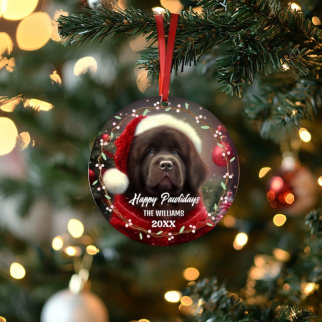 Modern cute pet dog Happy Holidays 2-Sided 2-Photo Ornament (Cute pet dog newfoundland my fist christmas photo ornament)