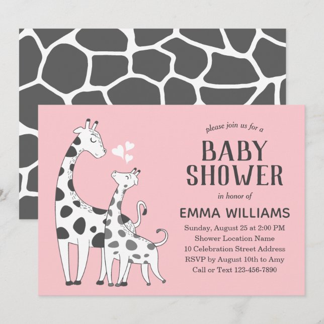 Modern Cute Pink Animal Giraffe Girl Baby Shower Invitation (Front/Back)