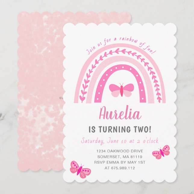 Modern Cute Pink Boho Rainbow Birthday Invitation (Front/Back)