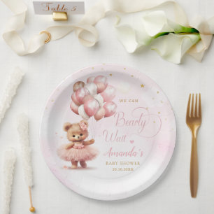 Modern Cute Pink Boho Teddy Bear Girl Baby Shower Paper Plate