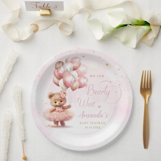 Modern Cute Pink Boho Teddy Bear Girl Baby Shower  Paper Plate (Wedding)