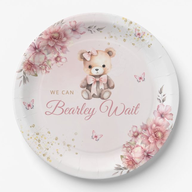 Modern Cute Pink Boho Teddy Bear Girl Baby Shower  Paper Plate (Front)