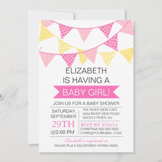Modern Cute Pink Bunting GIRLS Baby Shower Invitation (Front)