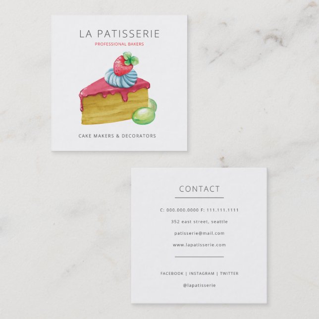 Modern Cute Pink Cheesecake Bakery Pastry Chef Square Business Card (Front/Back)