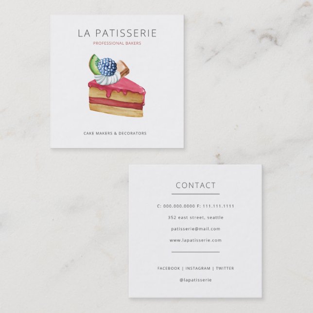 Modern Cute Pink Cheesecake Bakery Pastry Chef Square Business Card (Front/Back)