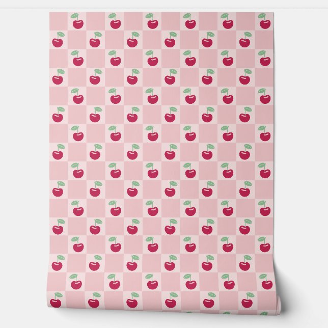 Modern Cute Pink Cherry Chequerboard Coquette Wallpaper (Unrolling)