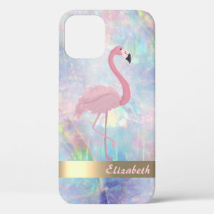 Modern Cute Pink Flamingo Holographic Opal iPhone 12 Case