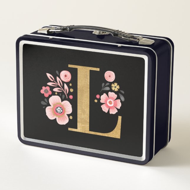 Modern Cute Pink Gold Monogram Floral Metal Lunch Box (Back)