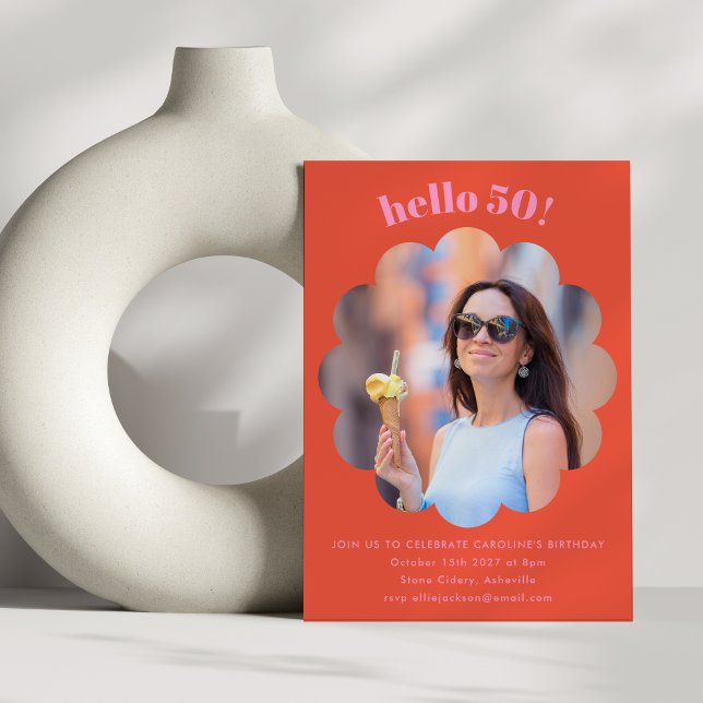 Modern Cute Pink Orange 50th Birthday Party Photo Invitation (Creator Uploaded)