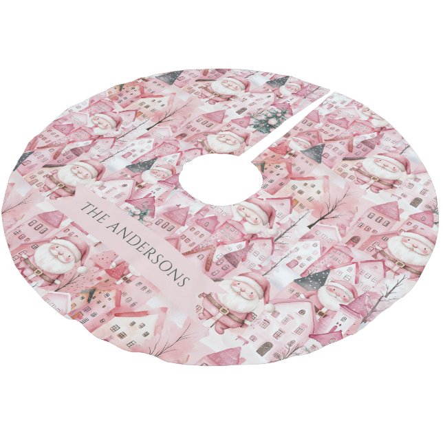 Modern Cute Pink Town Santa Christmas Tree Skirt (Angled)