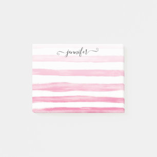 Modern Cute Pink Watercolor Stripes Girly Script Post-it Notes