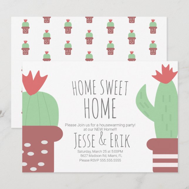 Modern Cute Potted Cactus Housewarming Party Invitation (Front/Back)