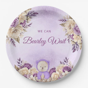 Modern Cute Purple Boho Teddy Bear Baby Shower  Paper Plate
