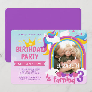 Modern Cute Rainbow Unicorn Photo Birthday Invitation