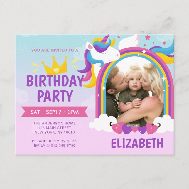 Modern Cute Rainbow Unicorn Photo Birthday Invitation Postcard (Front)