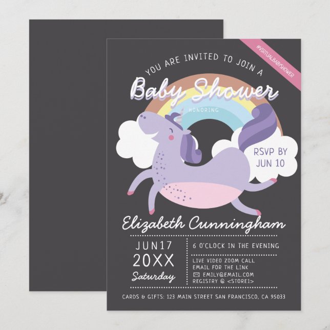 Modern Cute Rainbow Unicorn Virtual Baby Shower Invitation (Front/Back)